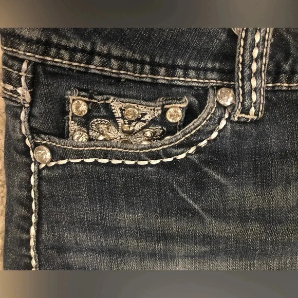 Grace In LA Bling Stretch Jean Crystal Embellished Distressed Frayed Skirt - Picture 6 of 8